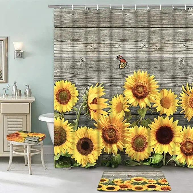 Y&D Sunflower Polyester Waterproof Toilet Accessories  Logo Shower Curtain Bathroom Set 4 Pcs - Image 4