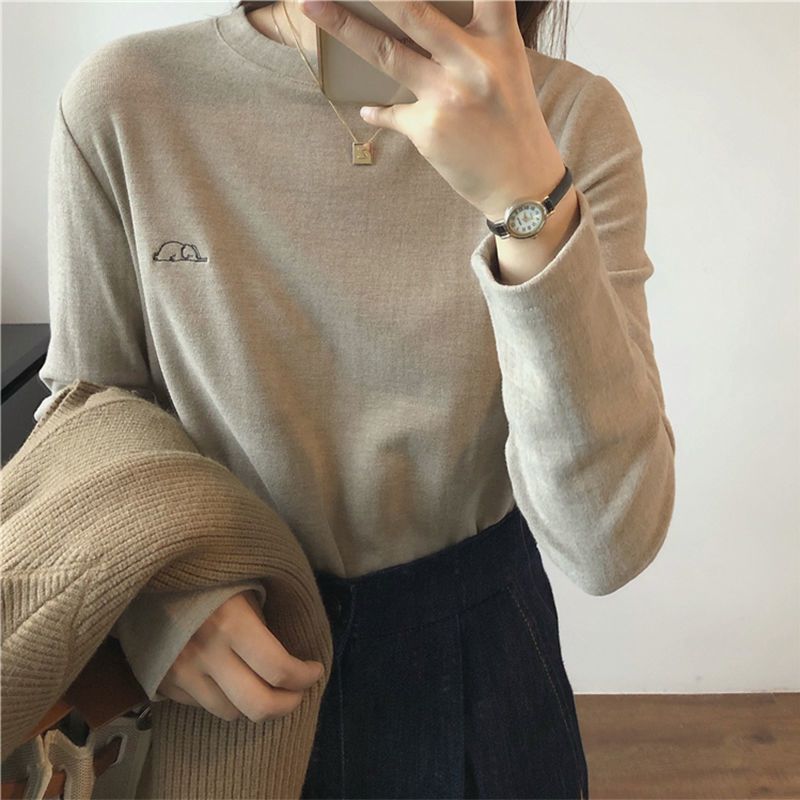 Double-Sided Velvet Warm Embroidered Elephant T-Shirt Women'S Base Shirt Warm All-Match Long Sleeve Round Neck Top - Image 4