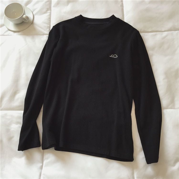 Double-Sided Velvet Warm Embroidered Elephant T-Shirt Women'S Base Shirt Warm All-Match Long Sleeve Round Neck Top - Image 1