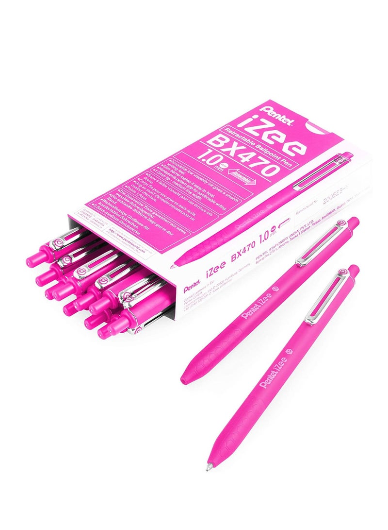 Pentel 12-Piece Izee Retractable Ballpoint Pen 1.0mm Tip Pink Ink - Image 1