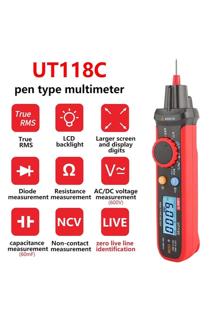 UniT UNI-T UT118C Pen Type Multimeter True RMS Digital 6000 Counts AC/DC Voltage Resistance Capacitance Frequency Diode EF NCV Multi Tester - Image 3