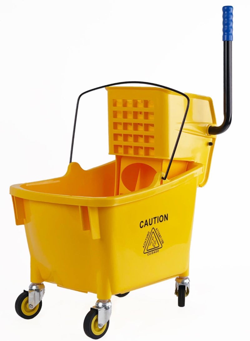 Gator Mop Bucket & Wringer, 360-Degree Rotating Swivel Wheels, Deluxe Down-Press Wringer, 32L, Yellow