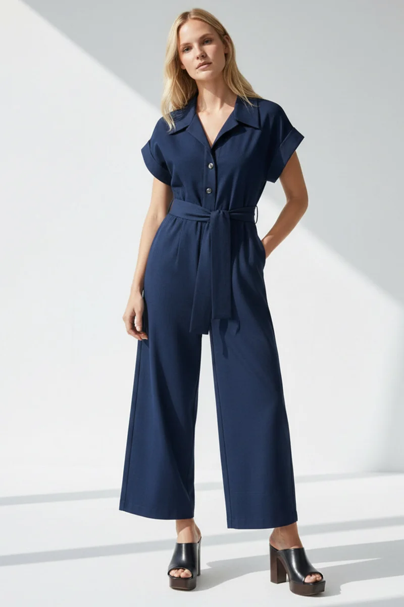 Exquise Shirt Collar Short Sleeved Pocketed Belted Midi Regular Navy Jumpsuit