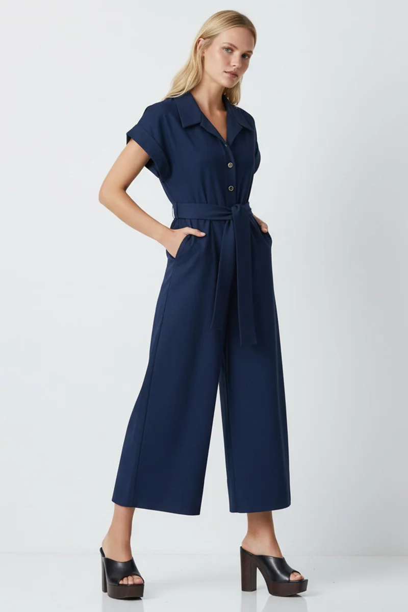 Exquise Shirt Collar Short Sleeved Pocketed Belted Midi Regular Navy Jumpsuit