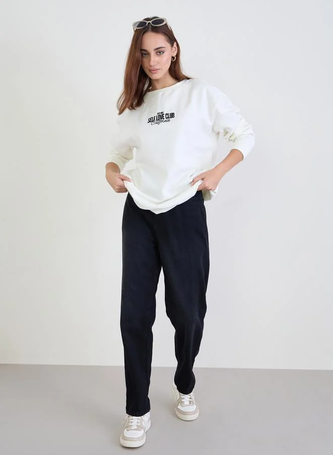 Styli Off White Embroidered Longline Sweatshirt