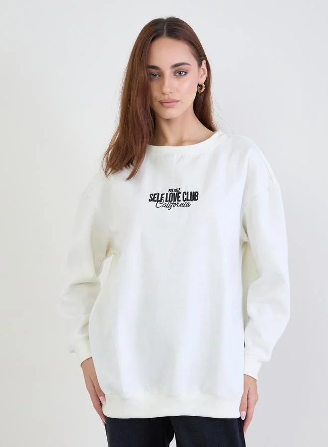 Styli Off White Embroidered Longline Sweatshirt