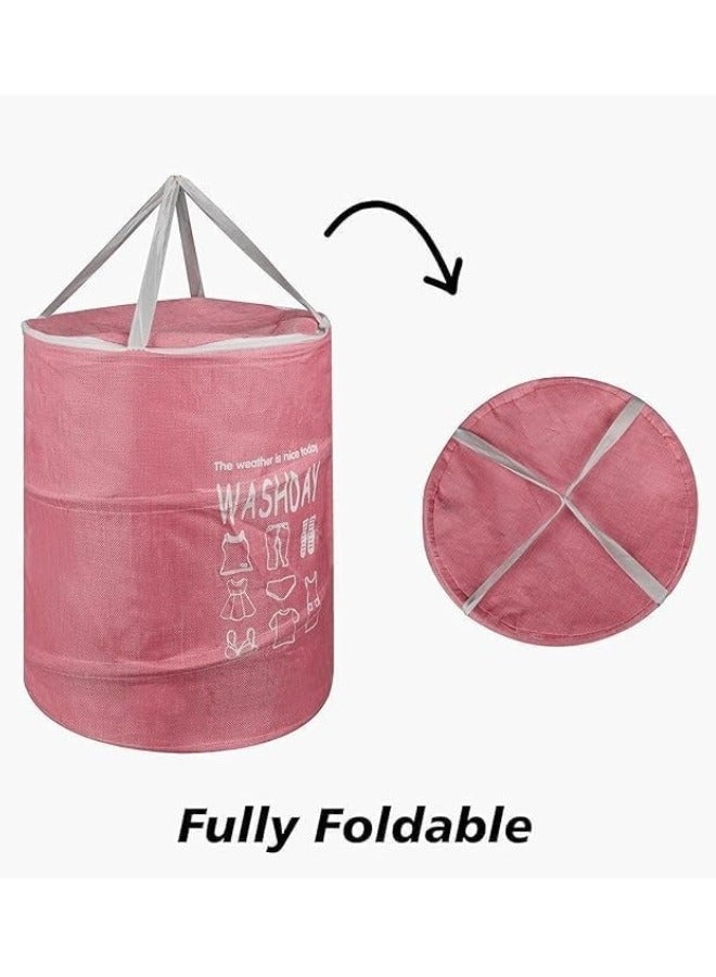 Round Fabric Laundry Basket, Foldable Waterproof Storage Basket with Zippered Lid Perfect for Clothes, Toys and Space Organization 40 x 49 cm (Pink) - Image 3