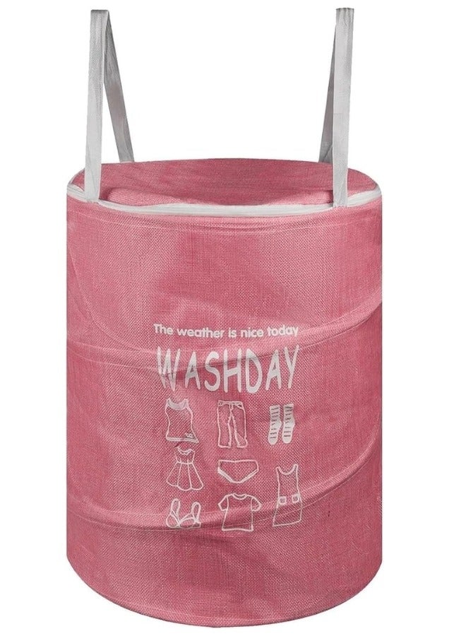Round Fabric Laundry Basket, Foldable Waterproof Storage Basket with Zippered Lid Perfect for Clothes, Toys and Space Organization 40 x 49 cm (Pink) - Image 1
