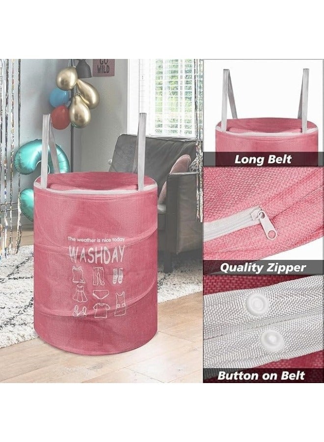 Round Fabric Laundry Basket, Foldable Waterproof Storage Basket with Zippered Lid Perfect for Clothes, Toys and Space Organization 40 x 49 cm (Pink) - Image 2