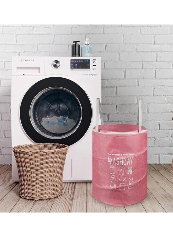 Round Fabric Laundry Basket, Foldable Waterproof Storage Basket with Zippered Lid Perfect for Clothes, Toys and Space Organization 40 x 49 cm (Pink) - Image 4