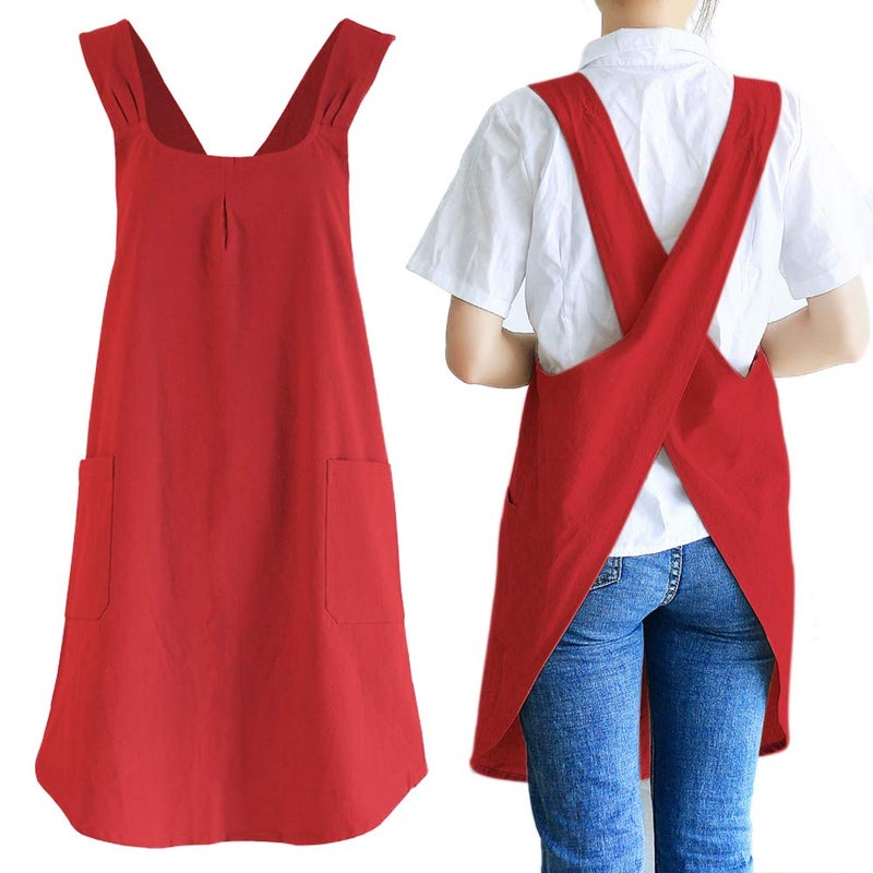 NEWGEM Japanese Linen Cross Back Kitchen Cooking Aprons for Men with Pockets for Baking Painting Gardening Cleaning Dark Red