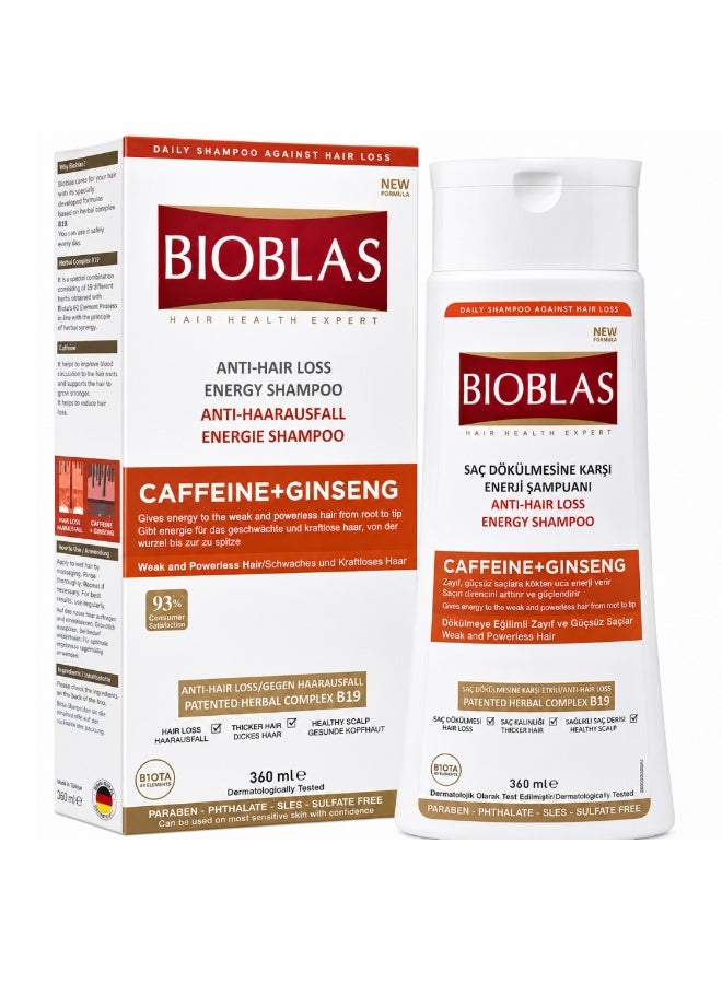 BIOBLAS Anti-Hair Loss Energy Shampoo 360ml with Caffeine & Ginseng, Strengthens Weak Hair, Reduces Hair Fall, Sulfate & Paraben Free - Image 2