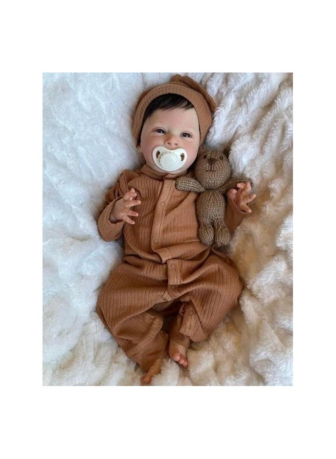Nano Classic 18 inch 48Cm Reborn Baby Doll Soft cotton body, rooted hair Silicone head,hand and legs Newborn real like Baby Doll - Khaki outfit 001 - Image 2
