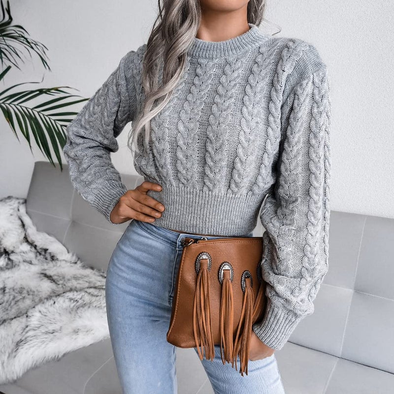 JUNBOON Women's Crewneck Long Sleeve Crop Sweater Twist Knitting Pullover Jumper Top - Image 3