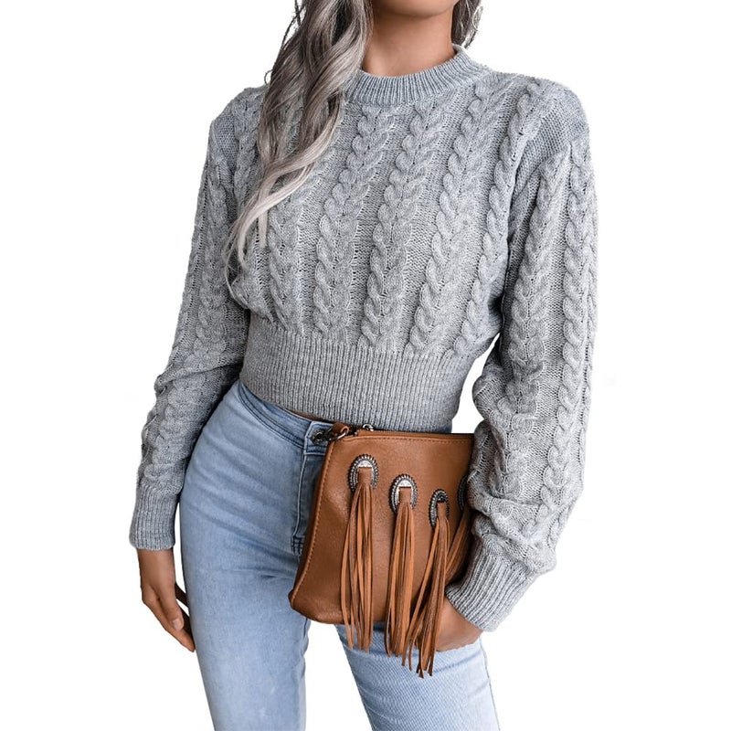 JUNBOON Women's Crewneck Long Sleeve Crop Sweater Twist Knitting Pullover Jumper Top - Image 1