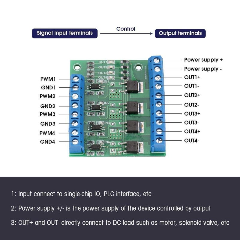 klarako Mosfet Board, 3-20V to 3.7-27VDC PLC Amplifier Circuit Board Driver Module 4-Channel PWM MOS FET Module Bulb, LED Strip, DC Motor - Image 3