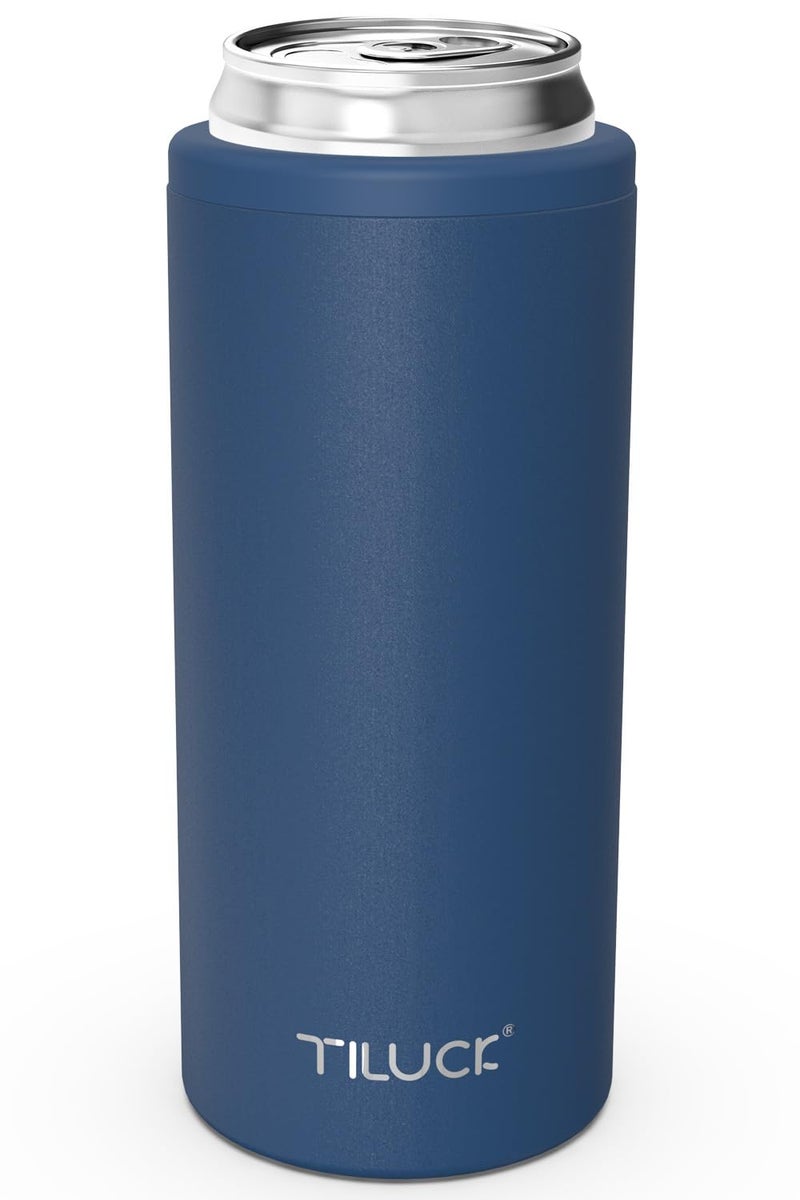 TILUCK Skinny Can Cooler for Slim Beer & Hard Seltzer, Stainless Steel, Doucle-Walled Stainless Steel Insulated Slim Cans, Standard 12 oz (Frosted Navy) - Image 1