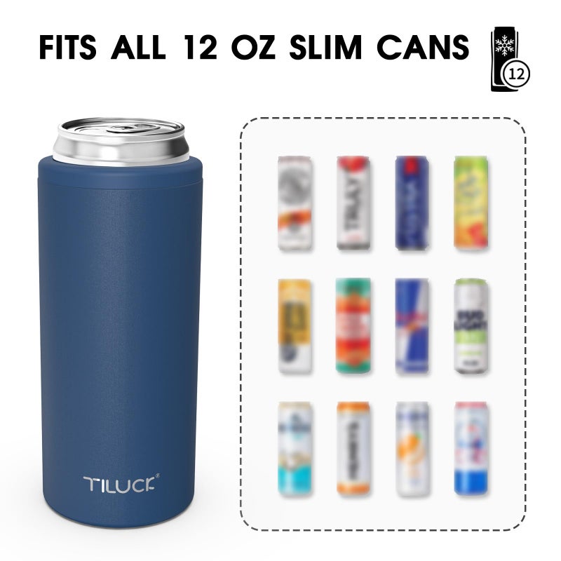 TILUCK Skinny Can Cooler for Slim Beer & Hard Seltzer, Stainless Steel, Doucle-Walled Stainless Steel Insulated Slim Cans, Standard 12 oz (Frosted Navy) - Image 3