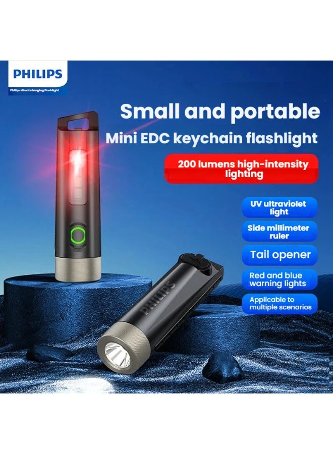 Philips Flashlight Highlight Waterproof Mini Key Chain Multifunction Led Warning Light Emergency Light USB Tpye-C Rechargeable LongBattery UV Light - Image 1