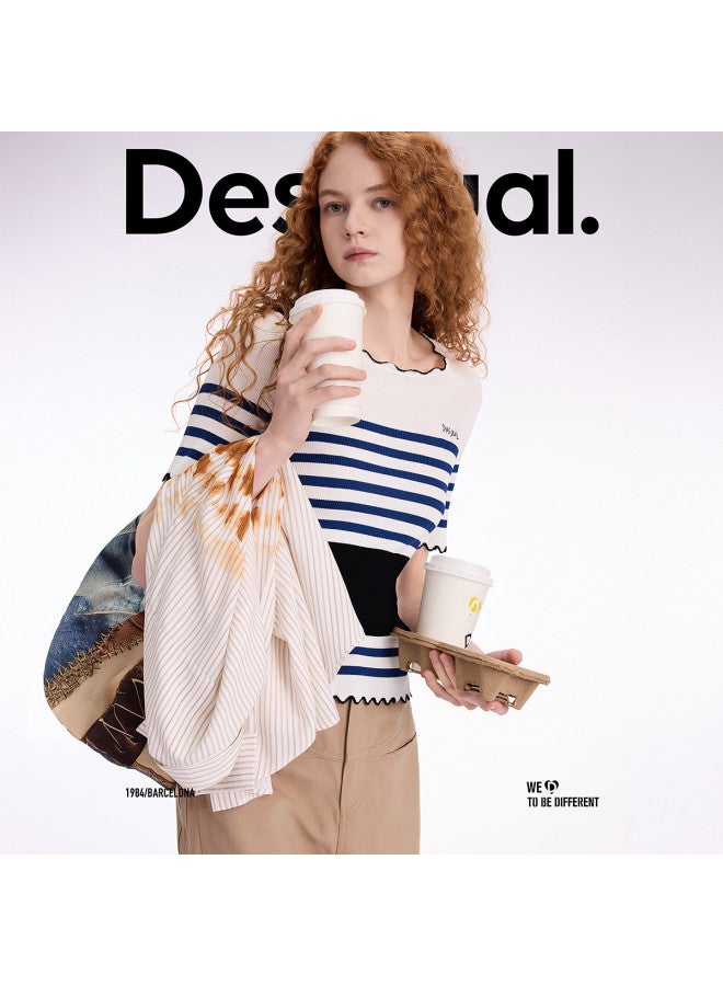 DESIGUAL knitted Striped Wave-hem Stretch Short-sleeve Women's T-shirt - Image 4