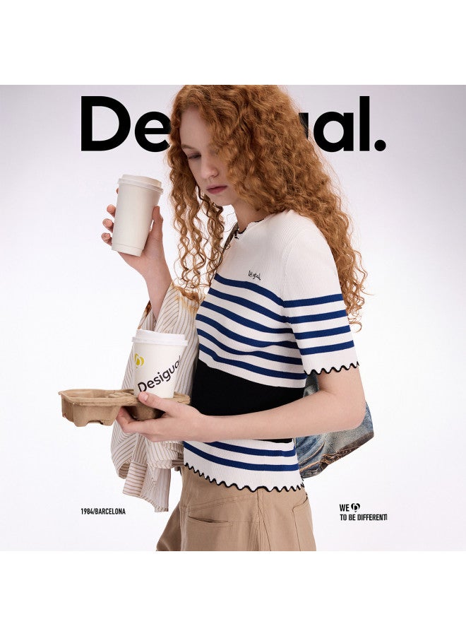 DESIGUAL knitted Striped Wave-hem Stretch Short-sleeve Women's T-shirt - Image 5