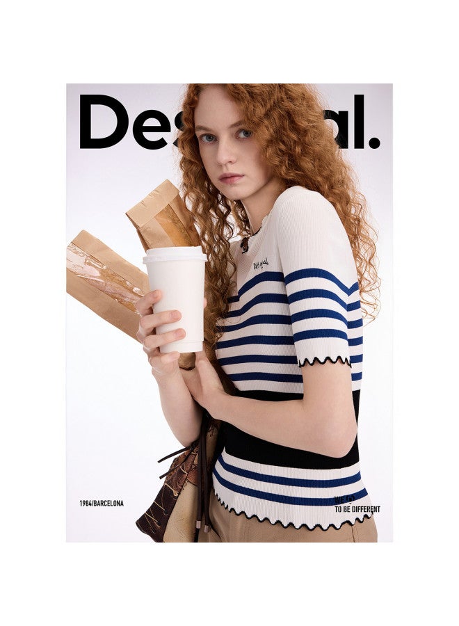 DESIGUAL knitted Striped Wave-hem Stretch Short-sleeve Women's T-shirt - Image 2
