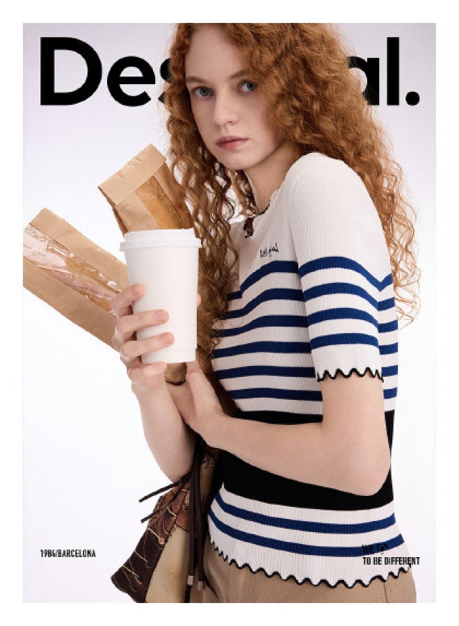DESIGUAL knitted Striped Wave-hem Stretch Short-sleeve Women's T-shirt - Image 1