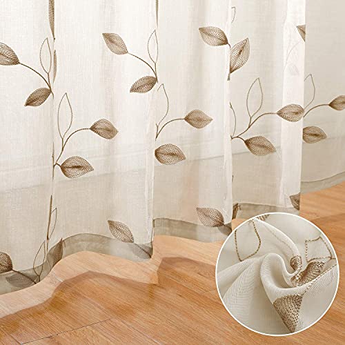 HOMEIDEAS ستائر شفافة بتصميم أوراق مطرزة باللون البيج من HOMEIDEAS بمقاس 52 × 84 بوصة بطول 2 لوحات - Image 3