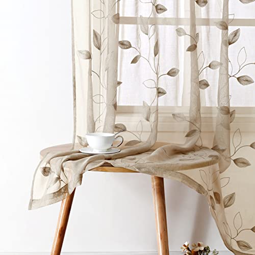 HOMEIDEAS ستائر شفافة بتصميم أوراق مطرزة باللون البيج من HOMEIDEAS بمقاس 52 × 84 بوصة بطول 2 لوحات - Image 4