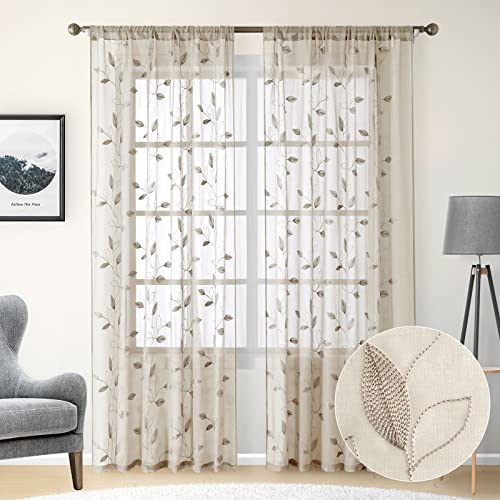 HOMEIDEAS ستائر شفافة بتصميم أوراق مطرزة باللون البيج من HOMEIDEAS بمقاس 52 × 84 بوصة بطول 2 لوحات - Image 1
