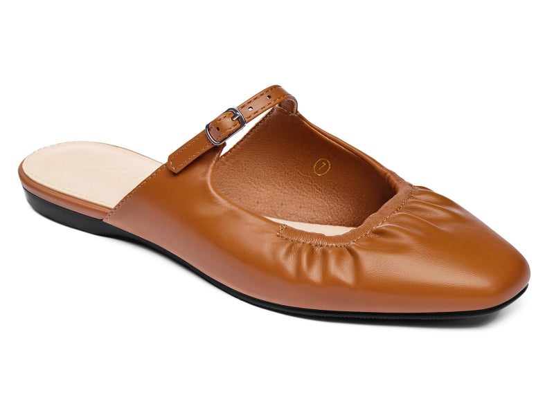Coutgo Womens Mules Mary Jane Flats Closed Toe Pleated Slip on Shoes Dressy Casual Slides, Brown, Size 8 - Image 1