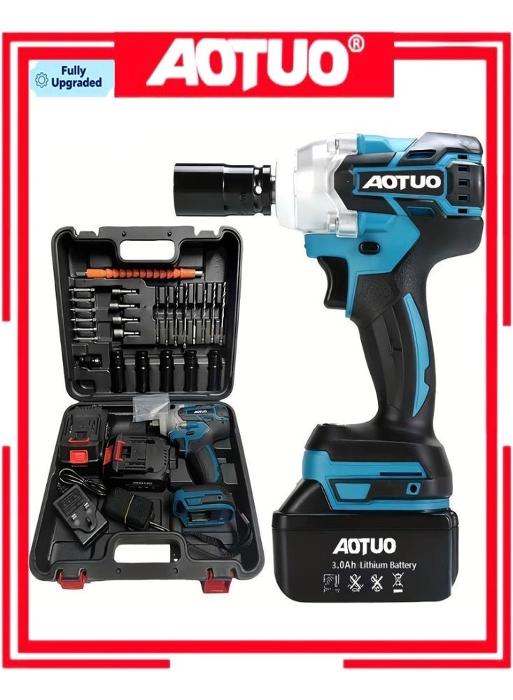 او تو او طراز مُحسّن، مفتاح القوة! أدوات AOTUO الكهربائية، طقم مفاتيح ربط صدمية ليثيوم أيون بدون فرشاة 98 فولت مُحسّن، أداء عزم دوران عالي، مزود ببطاريتين سعة 4.0 أمبير/ساعة، يُحسّن كفاءة عملك على الفور. - Image 1