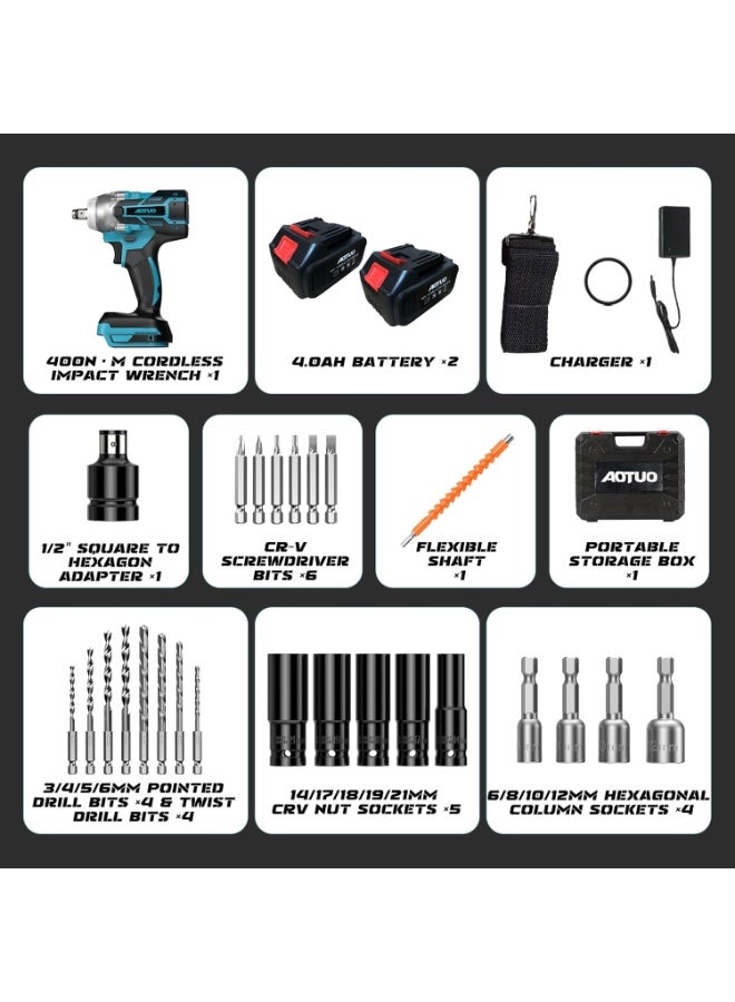 او تو او طراز مُحسّن، مفتاح القوة! أدوات AOTUO الكهربائية، طقم مفاتيح ربط صدمية ليثيوم أيون بدون فرشاة 98 فولت مُحسّن، أداء عزم دوران عالي، مزود ببطاريتين سعة 4.0 أمبير/ساعة، يُحسّن كفاءة عملك على الفور. - Image 2