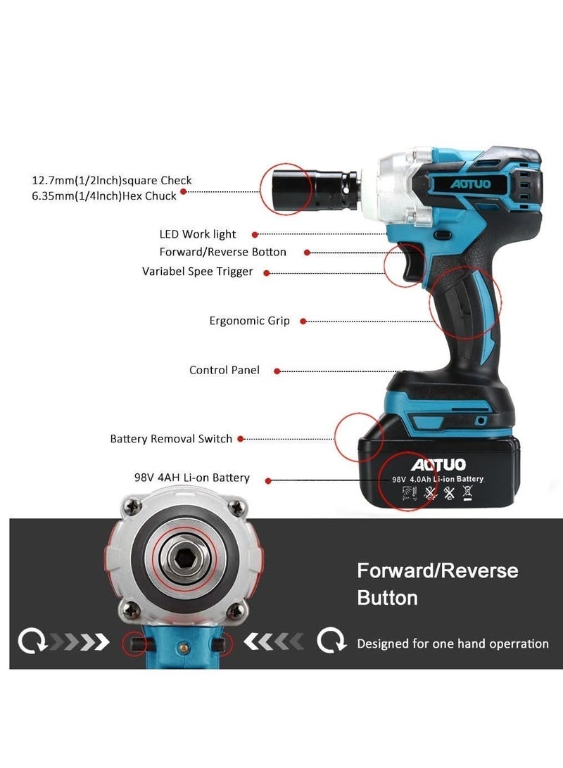 AOTUO Upgraded Fast Charger Impact Wrench Set – The Key to Power! AOTUO Power Tools, 98V Brushless Lithium-Ion Impact Wrench, High Torque Performance, Equipped with Two 4.0Ah Batteries - Image 5
