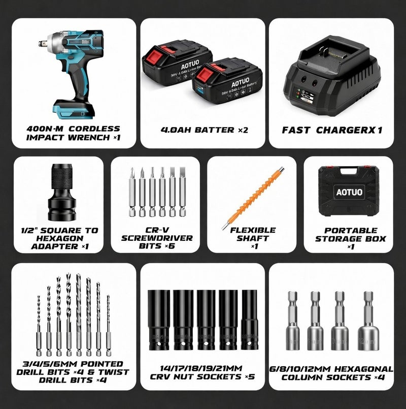 AOTUO Upgraded Fast Charger Impact Wrench Set – The Key to Power! AOTUO Power Tools, 98V Brushless Lithium-Ion Impact Wrench, High Torque Performance, Equipped with Two 4.0Ah Batteries - Image 2