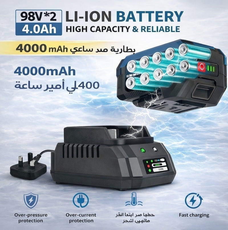 او تو او طقم مفتاح ربط صدمي مطور ببطارية ليثيوم أيون بدون فرشات 98 فولت، سريع الشحن - أداء عزم دوران قوي، بالإضافة إلى ملحقات متعددة الوظائف، مما يعزز كفاءة عملك على الفور! يتضمن التكوين القياسي بطاريتين عاليتي السعة 4.0 أمبير/ساعة. - Image 3