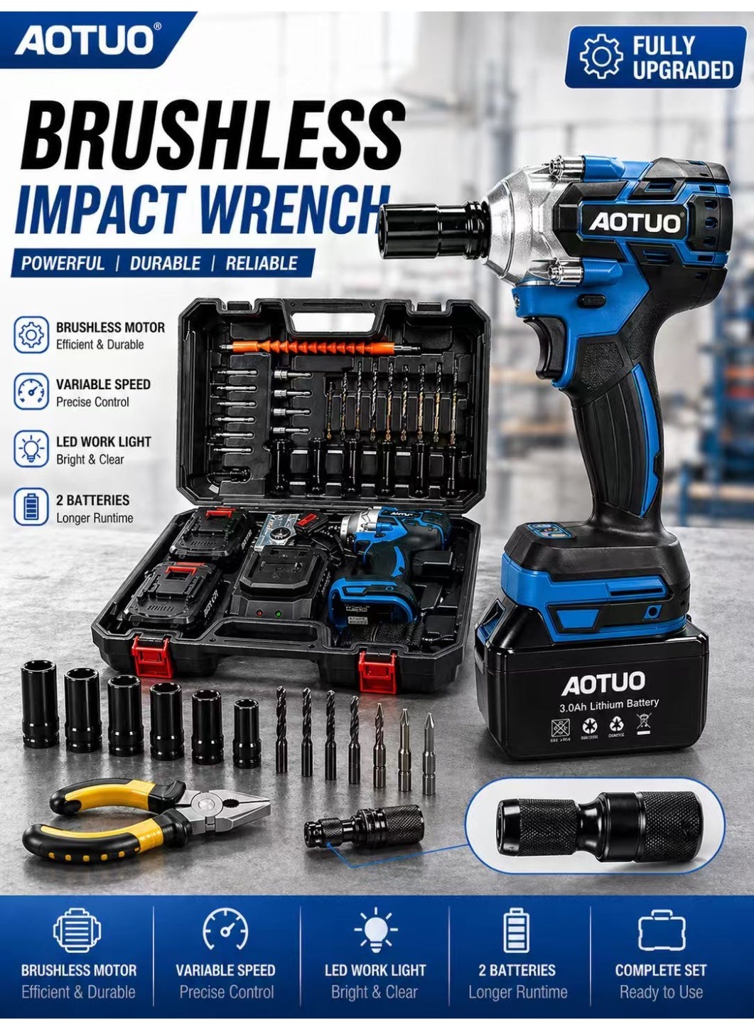 Upgraded Fast Charger Impact Wrench Set – The Key to Power! AOTUO Power Tools, 98V Brushless Lithium-Ion Impact Wrench, High Torque Performance, Equipped with Two 4.0Ah Batteries