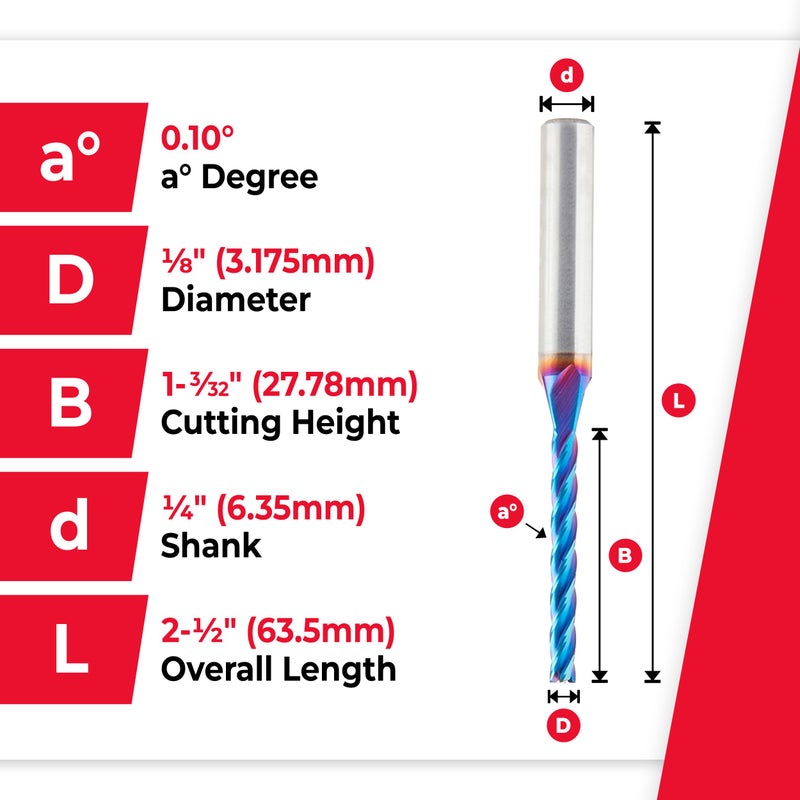 Amana Tool Up Cut Solid Carbide Spiral 2D/3D Carving Router Bit, 46292-K, Flat Bottom 0.10 Deg A x 1/8 D x 1-3/32 x 1/4 Sh x 2-Â½â€ L x 4 Flute - Image 4