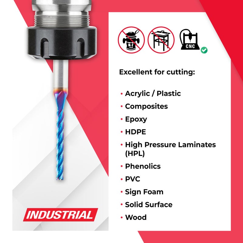Amana Tool Up Cut Solid Carbide Spiral 2D/3D Carving Router Bit, 46292-K, Flat Bottom 0.10 Deg A x 1/8 D x 1-3/32 x 1/4 Sh x 2-Â½â€ L x 4 Flute - Image 3