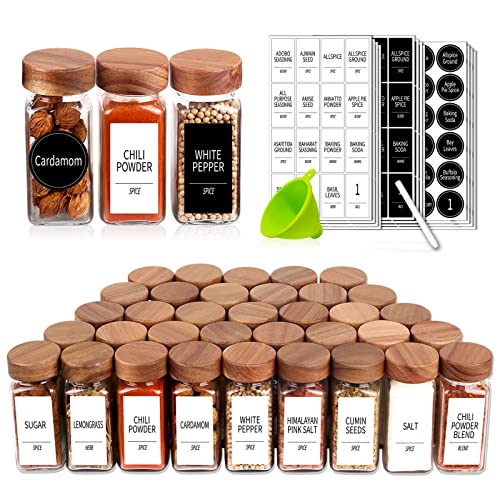 Churboro 48 Spice Jars with 547 Labels and Shaker Lids - Glass - 4 Oz Square Containers with Acacia Wood Lids, Chalk Pen, Funnel Seasoning Jars for Spice Rack, Cabinet, or Drawer - Image 1