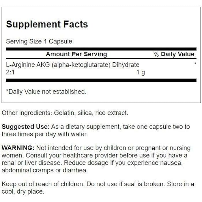 Swanson Amino Acid Maximum Strength Arginine Akg Nitric Oxide Enhancer 1000 Milligrams 90 Capsules - Image 2