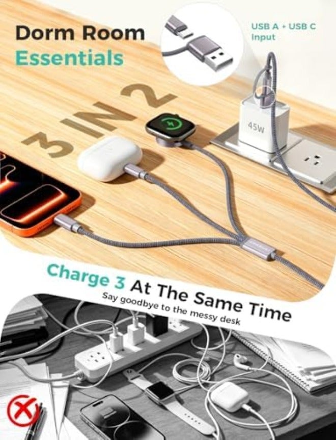 مستلزمات السفر، كابل USB‑C 3 في 2 لشحن ساعة آبل وآيفون - Image 3