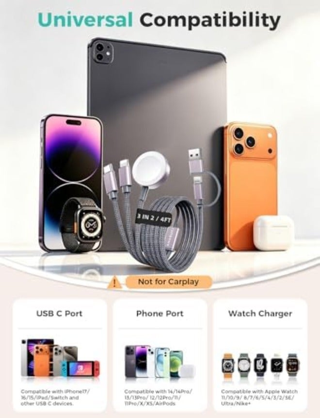 مستلزمات السفر، كابل USB‑C 3 في 2 لشحن ساعة آبل وآيفون - Image 4