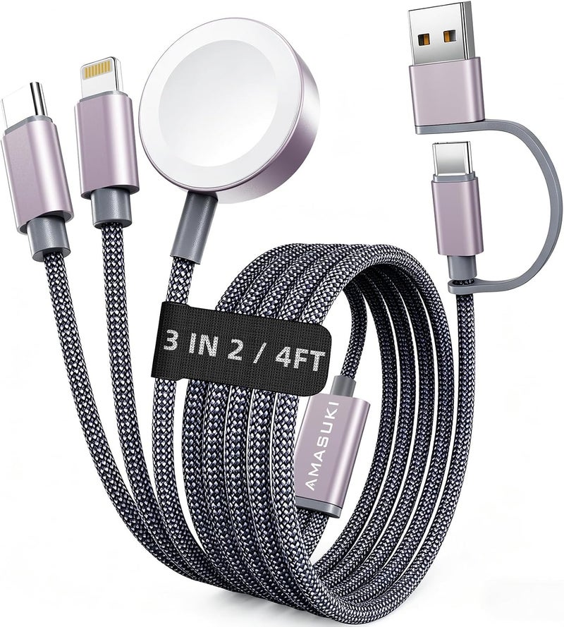 مستلزمات السفر، كابل USB‑C 3 في 2 لشحن ساعة آبل وآيفون - Image 1