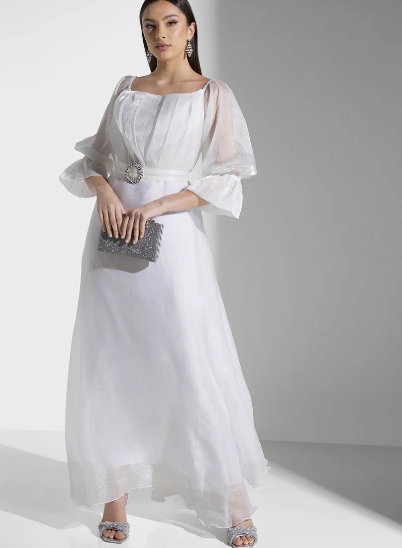 hayas closet Flute Sleeve Belted Mesh Dress