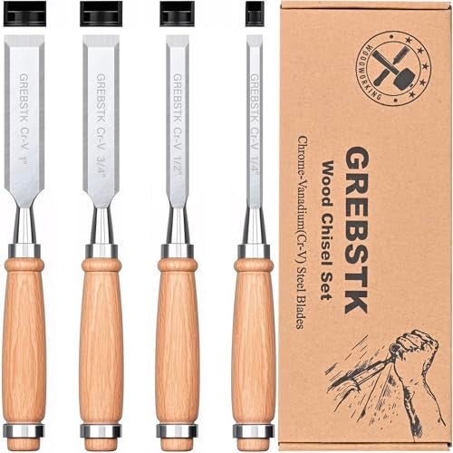 GREBSTK 4 Pcs Wood Chisel Set CRV Steel Bevel Sharp Edge Bench Chisels with Safety Caps for Woodworking and DIY Projects 1/4", 1/2", 3/4", 1" - Image 1