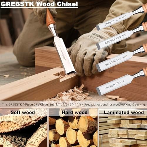 GREBSTK 4 Pcs Wood Chisel Set CRV Steel Bevel Sharp Edge Bench Chisels with Safety Caps for Woodworking and DIY Projects 1/4", 1/2", 3/4", 1" - Image 5