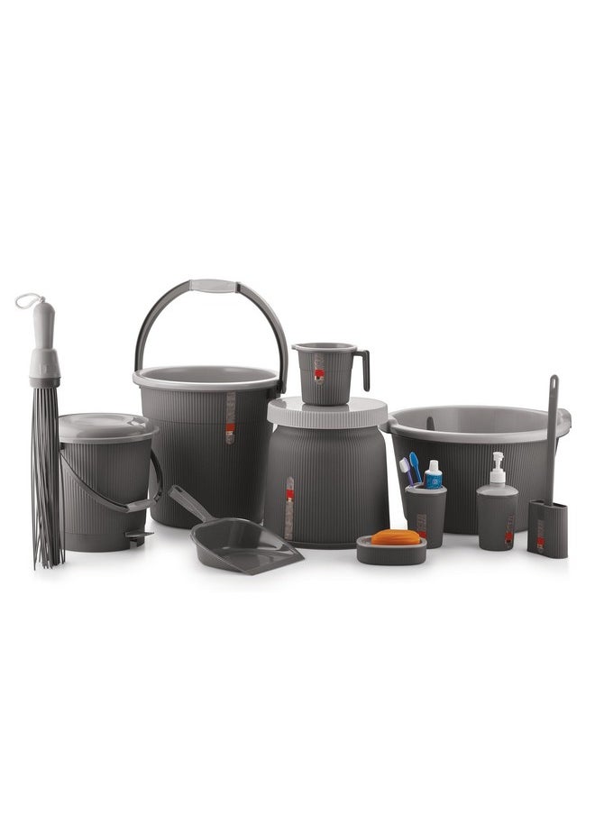 Liza Liza Newton 11Piece Complete Bathroom Essential Set for Home, Kitchen & Bathroom Includes 20L Bucket, 18 L Tub, Big Stool, Dustbin, and More (Pack of 11) (Black) 