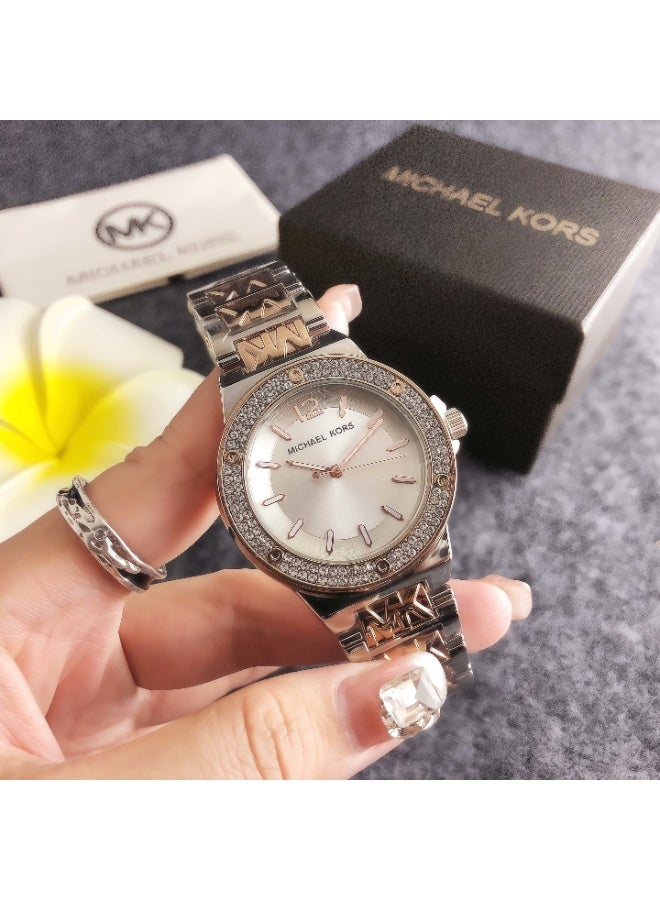 ام كي Michael Kors Women's Watch with Two - Tone Stainless Steel Bracelet and Crystal - Encrusted Silver Dial