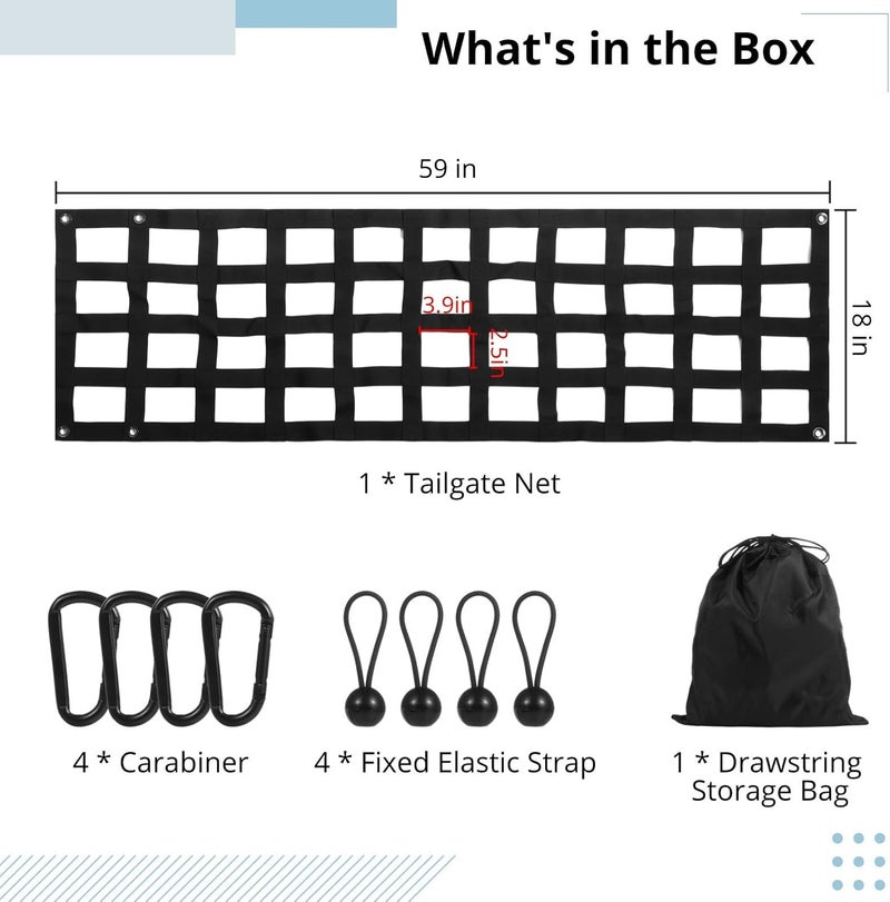Generic Truck Cargo Net for Tailgate, Full Size 59 X 18 Inches, Polyester Bed Net with 4 Carabiners for Easy Install, Compatible with, Chevy, Ram, - Image 2